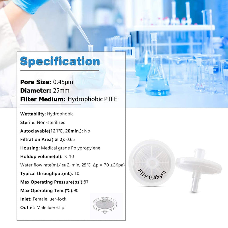 Biotechnology Hydrophobe PTFE-Spritzenfilter, 25 mm Durchmesser, 0,45 μm, Porengröße für Laborfilter, 100 Stück PTFE-25mm-0.45μm