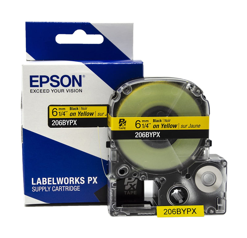 Epson LABELWORKS 206BYPX Genuine PET (Polyester) Tape Cartridge - Black on Yellow Label Maker Tape - 1/4" (6MM) Wide, 30'