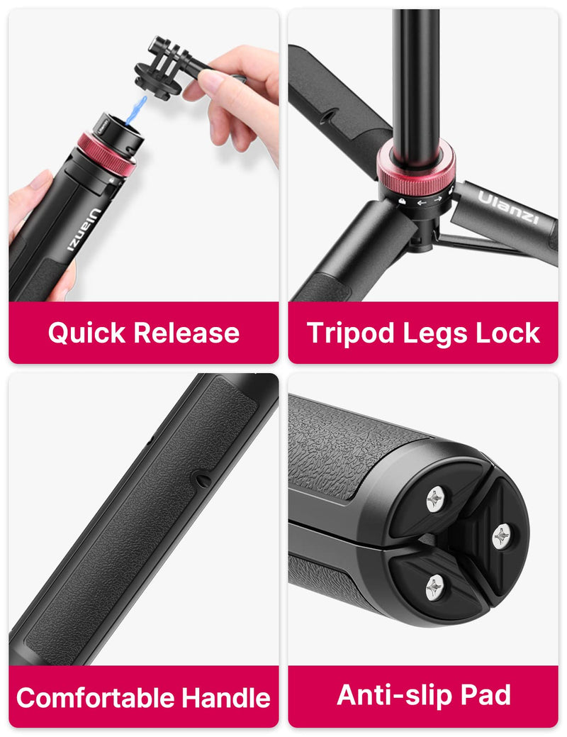 [Australia - AusPower] - 57in Selfie Stick Tripod - ULANZI Go Quick II Extendable Tripod Stand Magnetic Suction Quick Release Vlog Accessories Handle for GoPro Hero 11 10 9 8 7 6 5/Max/DJI OSMO Action Cam Selfie Tripod 