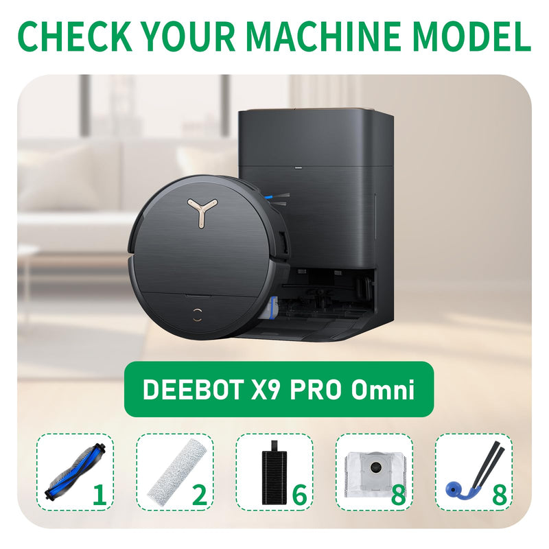 [Australia - AusPower] - Replacement Parts Compatible with Ecovacs Deebot X9 Pro Omni/X9 Pro Robot Vacuum Cleaner,Parts Include 1 Main Brush,2 Roller Mop Pads,6 Hepa Filters,8 Side Brush, 8 Dust Bags 