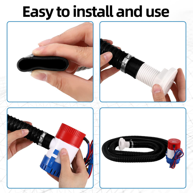 Frienda 8 Pcs Bilge Pump 1-1/8 Hose Installation Kit for Boat Outlets Marine Plumbing Kit, Including 2 Roll 6 ft Flexible PVC Hose 4 Clamps and 2 Thru Hull Fitting for Pool Liquid Transfer
