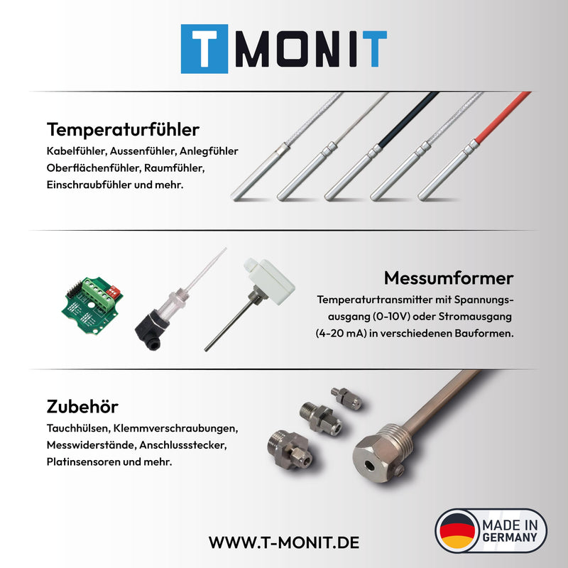 [Australia - AusPower] - Tmonit - PT1000 Temperature Sensor with Silicone Cable, up to 200 °C - Robust Cable Sensor for Industry, HVAC & Smart Home - Made in Germany 1,5m Silikon-Leitung 