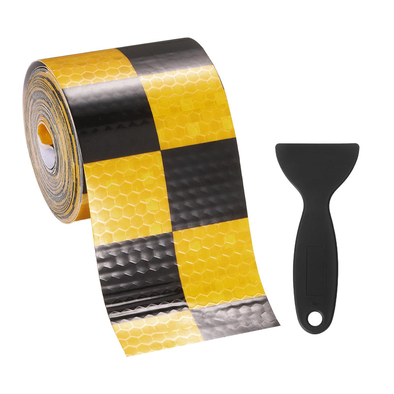 PATIKIL Reflective Tape, (16.4 ft x 1.97 Inch,Yellow, Black) (1Set) Night Safety Sticker Adhesive Waterproof Warning Outdoor with Black Scraper, Suit for - Trailer/Trucks/Bike Yellow, Black 16.4 Ft x 1.97 Inch