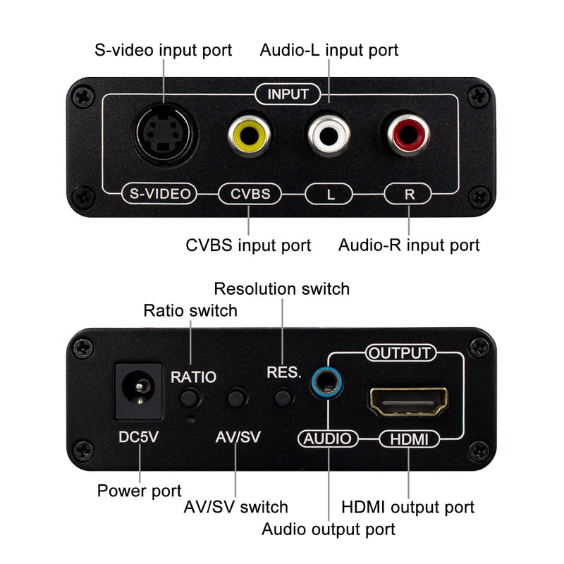 3RCA AV CVBS Composite & S-Video R/L Audio to HDMI Converter Adapter with 4 : 3/16 : 9 Aspect Ratio Switch /3.5mm Audio / 480P/576P/720P/1080P Output Switch for VHS/VCR/DVD Player to View on HDMI TVs