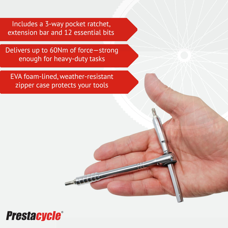 Prestacycle Pro Ratcheting T-Handle Tool Set, Heavy-Duty 60 Nm T-Handle Ratchet with 12-Piece 1/4" Hex Bit Set, Portable T Handle Screwdriver Set with Neoprene Case for Bike Repair & Maintenance