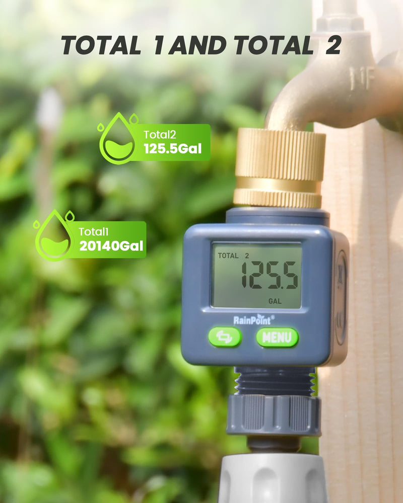[Australia - AusPower] - Rainpoint Water Flow Meter with Brass Inlet, 180°Screen-Flip Garden Hose Flow Meter, Measure up to 9999.9 Gallon/Liter Consumption & Flow Rate for RV, Garden Hose, Sprinkler & Nozzle Sprayer 