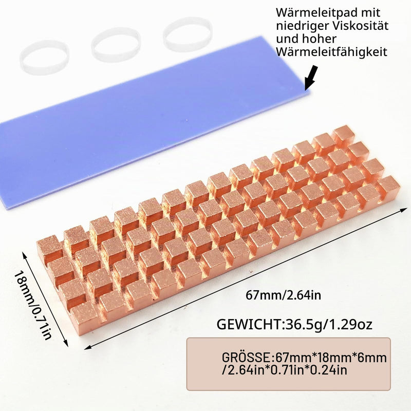 M.2 Heatsink Copper 67x18x6mm 2280 SSD M2 Heatsink Heat Sink with Silicone Based Thermal Pad for Cooling M.2 SSD NVME Laptops Copper:0.24 inch