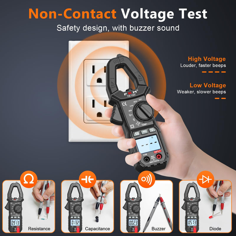[Australia - AusPower] - FKM AC/DC Amp Clamp Meter Multimeter Tester TRMS 6000 Counts Auto-ranging Smart Digital Voltage Tester,for AC/DC Current/Voltage,NCV Detection,Capacitance,Resistance,Ohm,Continuity,Diode,Hz,Temp Test Black-(AC/DC Current)Clamp Meter 