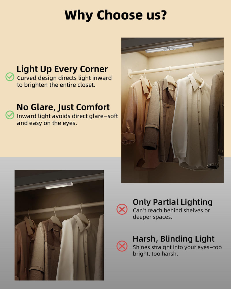 [Australia - AusPower] - EZVALO 13inch Motion Sensor Closet Lights, 2 Pack Rechargeable LED Lights with Rotatable Sensor, Glare-Free, 3 Color Temps & Dimmable, Magnetic Cabinet Lighting for Closet, Pantry, Stairs 