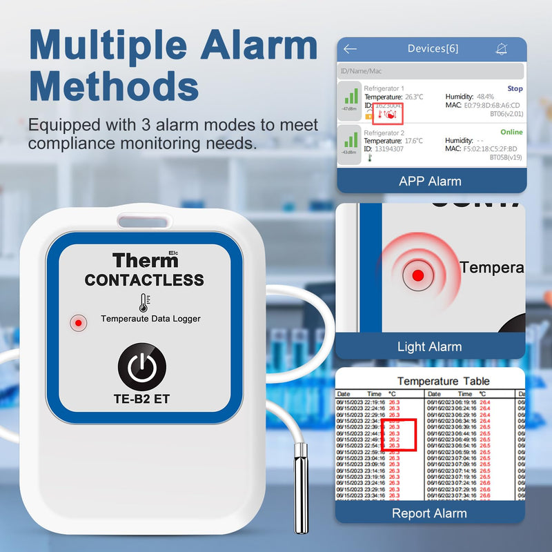 ThermElc TE-B2 ET External Temperature Logger, Waterproof Steel Temperature Sensor, App-Based Data Acquisition and Cross-Device Charts for Terrariums, Aquariums, Museums and Greenhouses