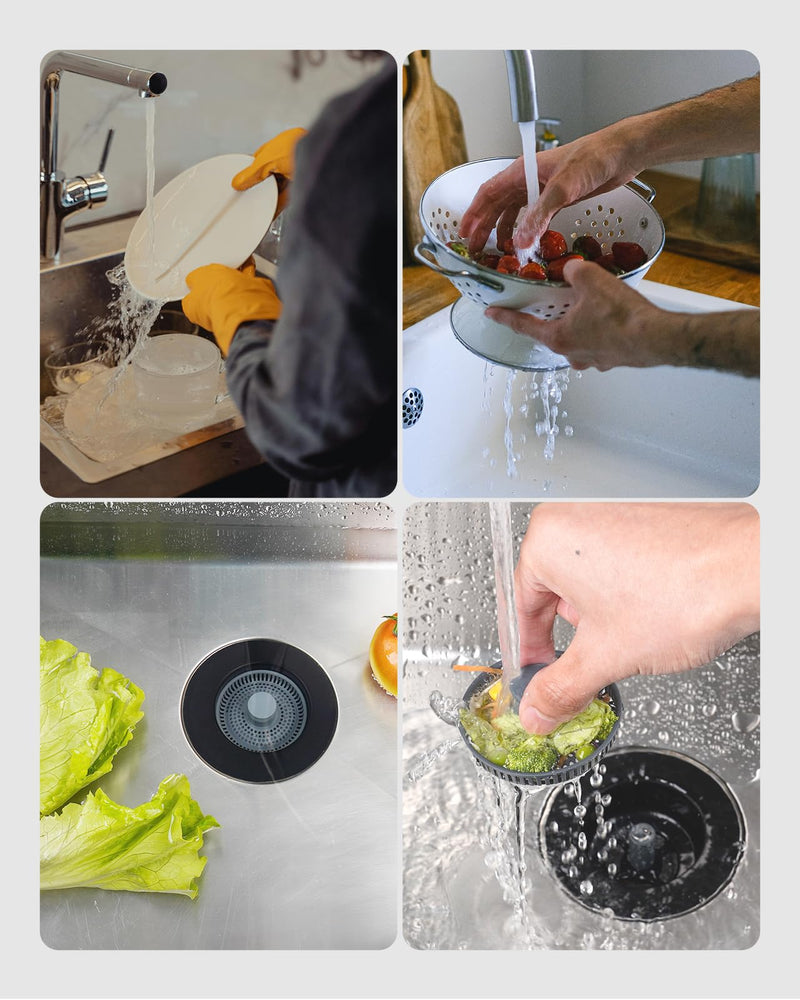 Hibbent 2 Pack 3 in 1 Kitchen Sink Drain Strainer and Stopper Combo, Stainless Steel Metal Pop Up Sink Stopper, Anti-Clogging Basket Strainer with Handle for US Standard 3-1/2 Inch Drain, Black Matte Black