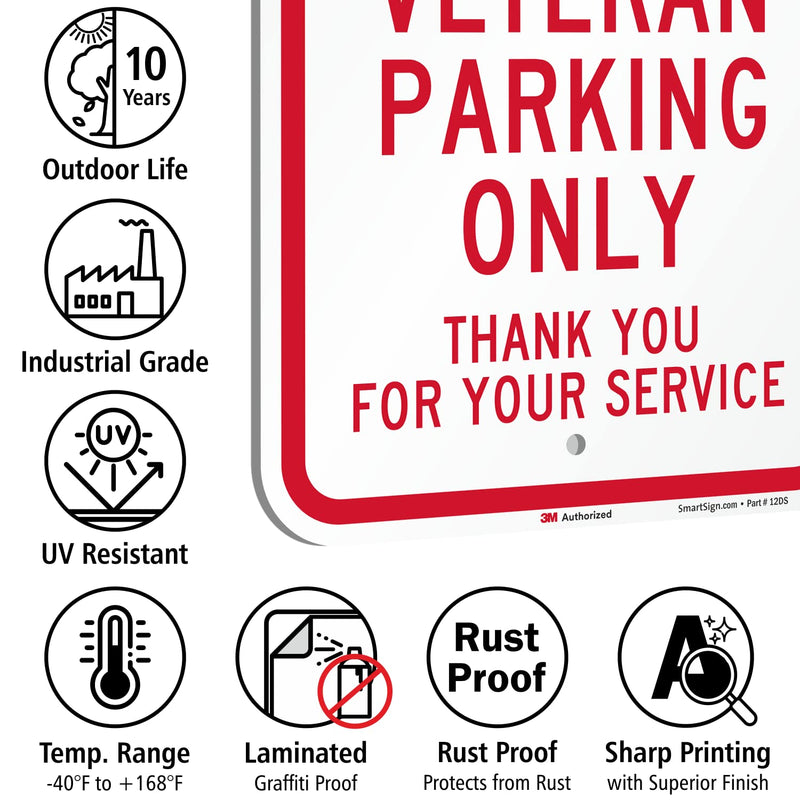 SmartSign 18 x 12 inch “Veteran Parking Only - Thank You For Your Service” Metal Sign with USA Flag Symbol, 63 mil Aluminum, 3M Laminated Engineer Grade Reflective Material, Red, Blue and White 12" x 18"