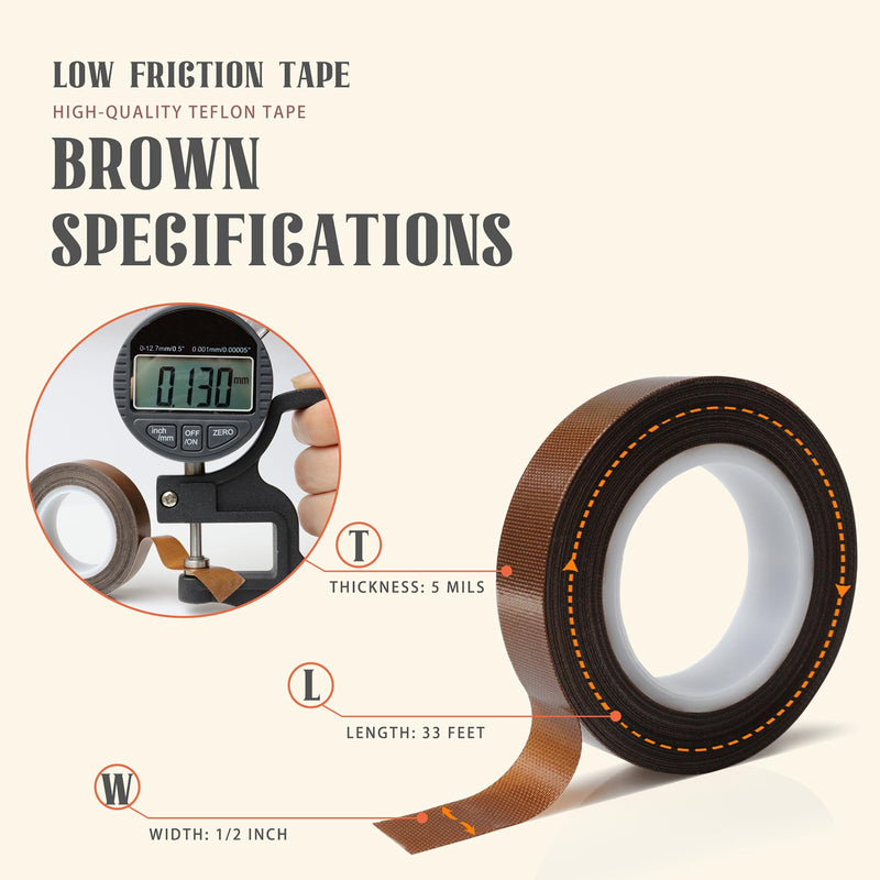 MEBMIK 1 Roll 1/2 Inch x 33 Feet Low Friction Drawer Slide Tape - Squeak Resistant, Abrasion Resistant Surface Protection Tape for Wood, Cabinet, Curtain, Furniture, Brown