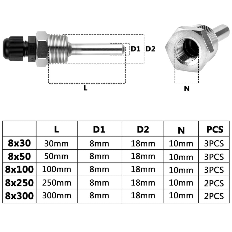 8 x 100 mm Immersion Sleeve Immersion Protection Pipes for Thermocouples Pack of 3 Protective Tube for Temperature Sensor Stainless Steel Diving Sleeve Thread Thermowell Immersion Sleeve for 8x100mm-3pcs