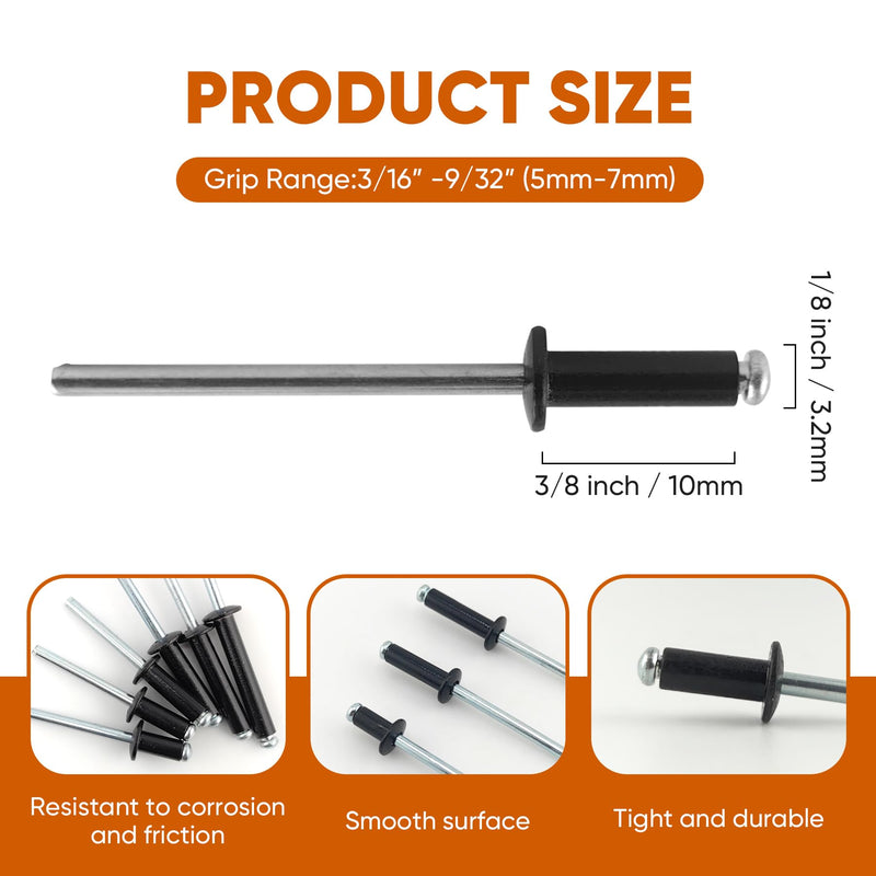 [Australia - AusPower] - 200 Pcs 1/8" x 3/8" Black Aluminum Blind Rivets,3.2 x 10mm Pop Rivets,Aluminum Grip and Steel Mandrel 1/8"x3/8" 