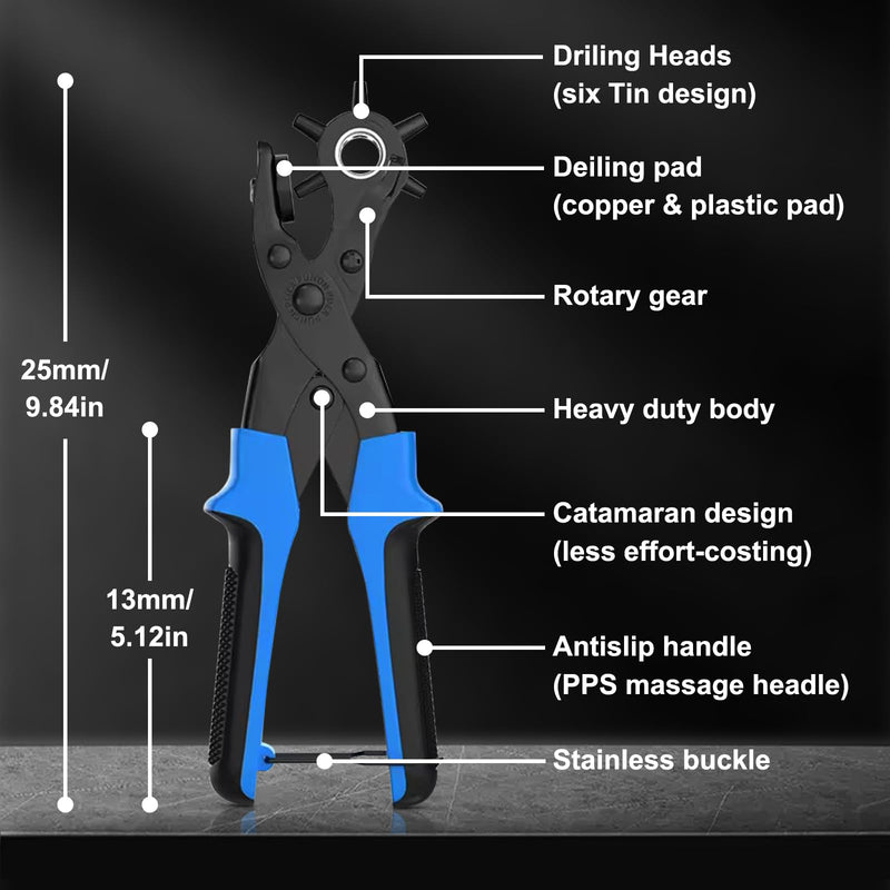 [Australia - AusPower] - Diyife® Professional Leather Hole Puncher, Full Set Punch Tool kits for Belt, Watch Band, Shoe, Crafting, Handbag Straps, Fabric, with Extra Punch Plates and Ruler, Multi Hole Sizes Make - Blue 