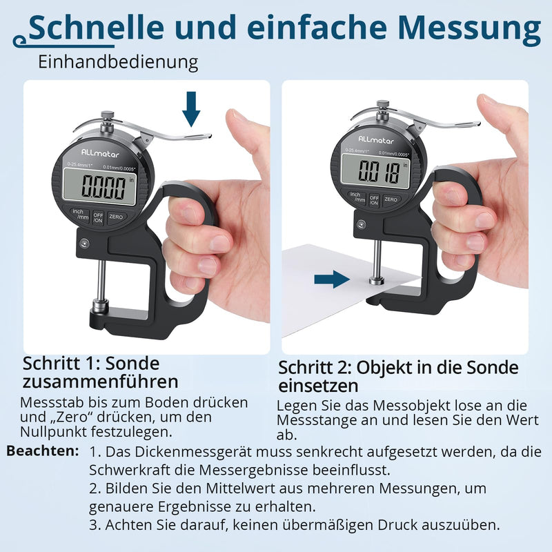 Digital thickness gauge 0-25.4mm, 0.01mm/0.0005'' precision measuring instrument with LCD display for leather, paper, fabric 25.4mm / 0.01mm