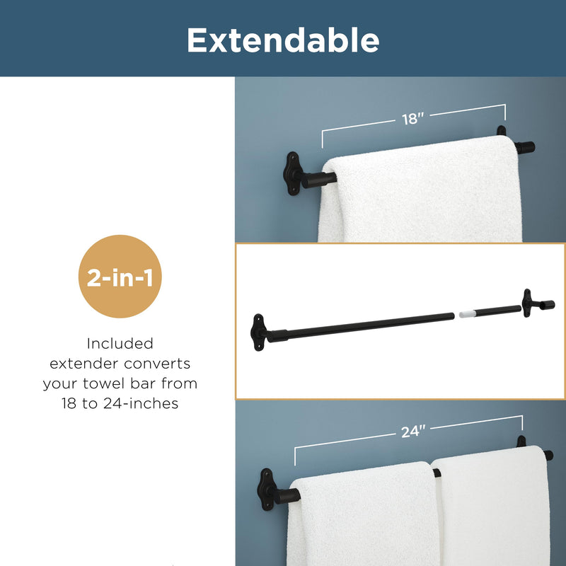 Franklin Brass Calloway (1-Pack) 18'' Towel Rack w/ 6" Extender for Bathroom Matte Black Towel Bar for Bathroom Wall Mounted Towel Holder Rod CLWY26-MB