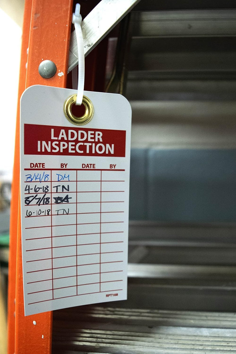 NMC Ladder Inspection Tag, Double-Sided, 25-Pack, 3" Width x 6" Height, Unrippable Vinyl, White/Red Text on Red/White Base, Made in The USA, RPT168G