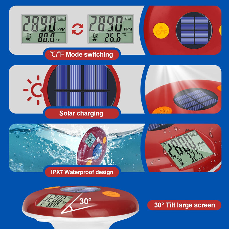 [Australia - AusPower] - Floating Digital Salinity Tester with ATC,Solar Powered Salt&Temp Level Monitor with pH Strips,Pool Salt Meter Solar Powered Temperature & Salinity Tester for Saltwater Aquarium Pool Spa Hot Tub Pond 