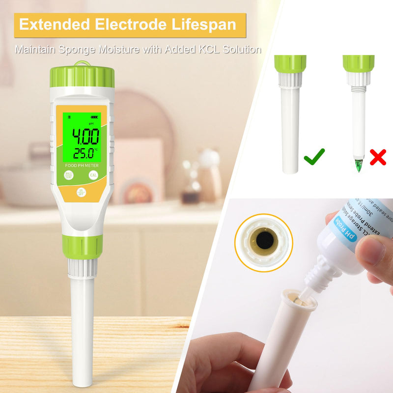 [Australia - AusPower] - Digital pH Meter for Food, 0.01 Resolution High Accuracy Food pH Tester with Backlit LCD Display and ATC for Meat, Bread, Canning, Brewing, Cheese, Solid Sampling, Soft Soil and Water Yellow 