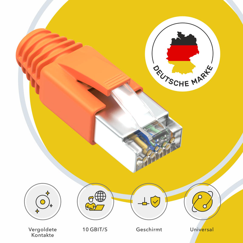 RJ45 Connector Cat7 Set of 10 | Network Plug, Pass Through & Shielded | Includes strain relief, orange bend protection boot & insertion aid | Ideal for CAT 7, Cat6A installation cables AWG23 | 8-pin RJ45 plug, 10 pieces