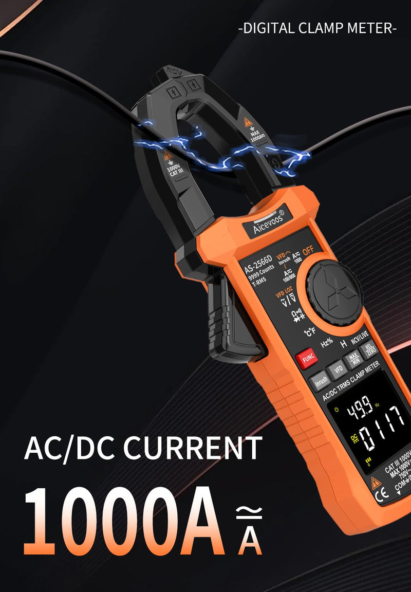 [Australia - AusPower] - Inrush Digital Clamp Meter Multimeter 1000A TRMS 6000 Counts, Amp Voltage Tester with VFD, LOZ Mode; Measures AC/DC Current Voltage Temperature Resistance Capacitance Frequency Continuity NCV 