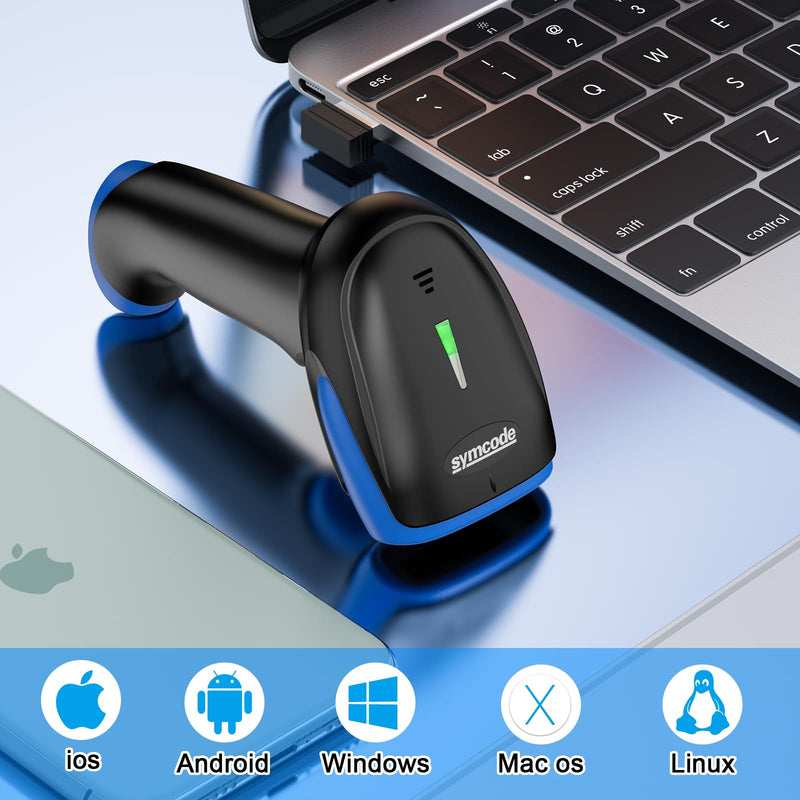 Symcode 2D Wireless Barcode Scanner,Bluetooth6.0 & Wireless2.4G & USB Wired Connection, 1D 2D QR Bar Code Reader Scanner Automatic Fast Precise scanning for Smart Phone, Tablet, PC Blue