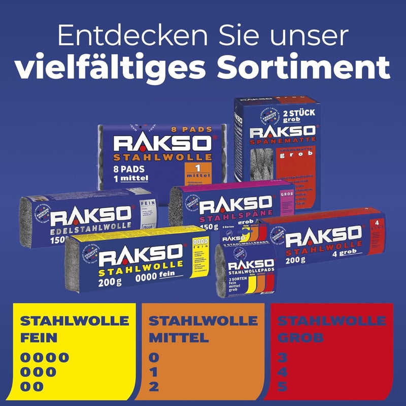 RAKSO Steel Wool Extra Fine 0000-200 g, 1 band, Polished Waxed Wood, Copper, Brass, Matte Surfaces, Cleans Glass 200 g (pack of 1)
