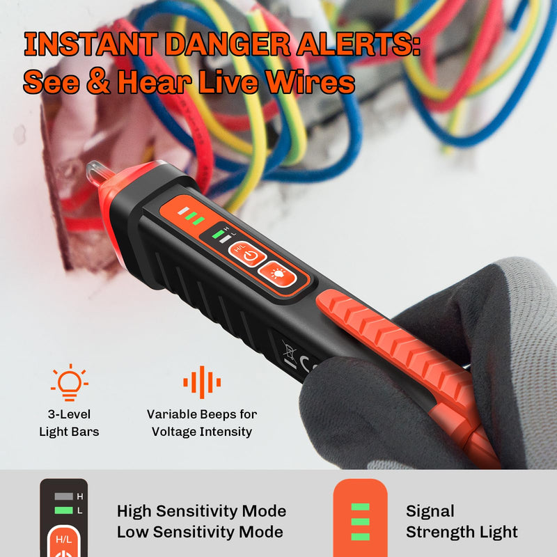 [Australia - AusPower] - Non Contact Voltage Tester Pen, Electrical Tester Pen, AC 12/48-1000V Dual Sensitivity, Live/Neutral Wire Detector with LED Flashlight & Audible Alarm, Safety Certified, Breakpoint Finder 
