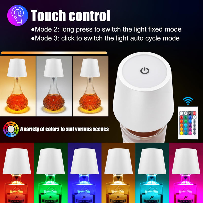 Wireless Bottle Lamp with Remote Control, Rechargeable RGB Wine Bottle with 3Modes Light Dimming, Waterproof Touch Lamp Head for Room, Bar, Restaurant and Party Decorations(RGB White) RGB White