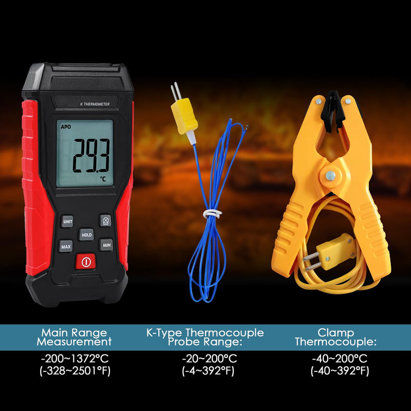 [Australia - AusPower] - Thermocouple Thermometer Digital K Type Thermometer, Single Channel Thermocouple Tester(-328~2501℉) with 1 Temperature Clamp and 1 Wired Thermocouple Probes LCD Display Temperature Tester for K Type 