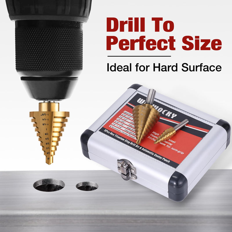 Step Drill Bits, 6PCS (50 Sizes) HSS Step Unibit Drill Bit Set with Automatic Center Punch, Double Cut Blades High-Speed Steel with Aluminum Case, Multi-Hole Stepped Up Bits for DIY Lovers