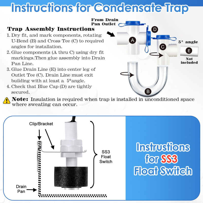 [Australia - AusPower] - 3/4 Inch Standard Condensate Trap with Cleaning Brush and SS3 Condensate Overflow Float Switch Combo Kit for HVAC Systems, Air Conditioner 