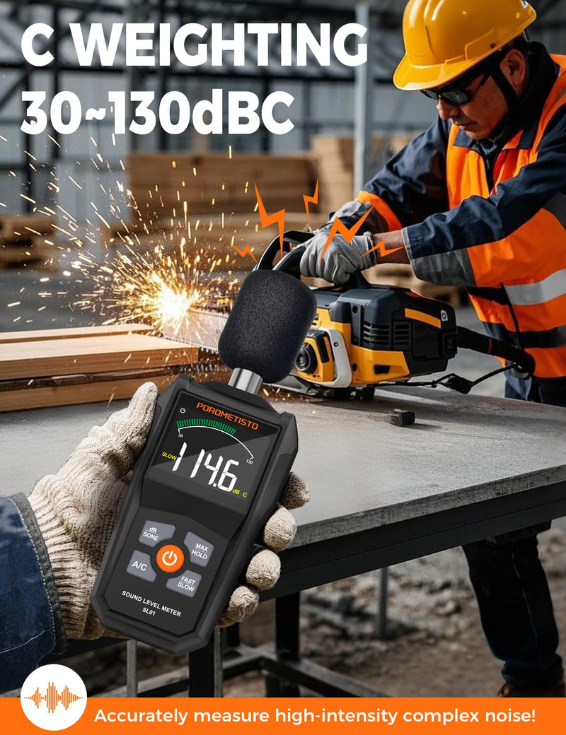 [Australia - AusPower] - Decibel Meter, POROMETISTO SL01 Digital Sound Level Meter, 30-130dB SPL Meter with A/C Weighting, Data Hold, MAX/MIN – Noise Detector for Home, Factory, Noisy Neighbors (Black) 