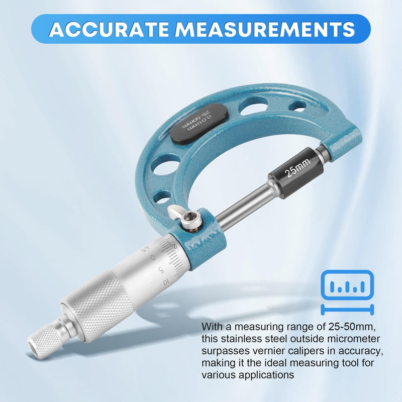 [Australia - AusPower] - Outside Micrometer, Outside Micrometer, Micrometer Screw with Wrench and Plastic Box, Stainless Steel, 001 mm, Precision Vernier Scale, Outside Micrometer (25-50 mm) 