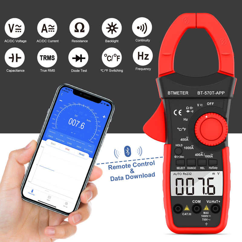 [Australia - AusPower] - BTMETER AC/DC 1000A Clamp Multimeter, 4000 Counts Digital Clamp-on Meter with Data Logging Measure Amp Volt Ohm Capacitance Frequency Temperature Continuity, Electrical Tester 570T-APP 1000A Smart Clamp Ammeter 