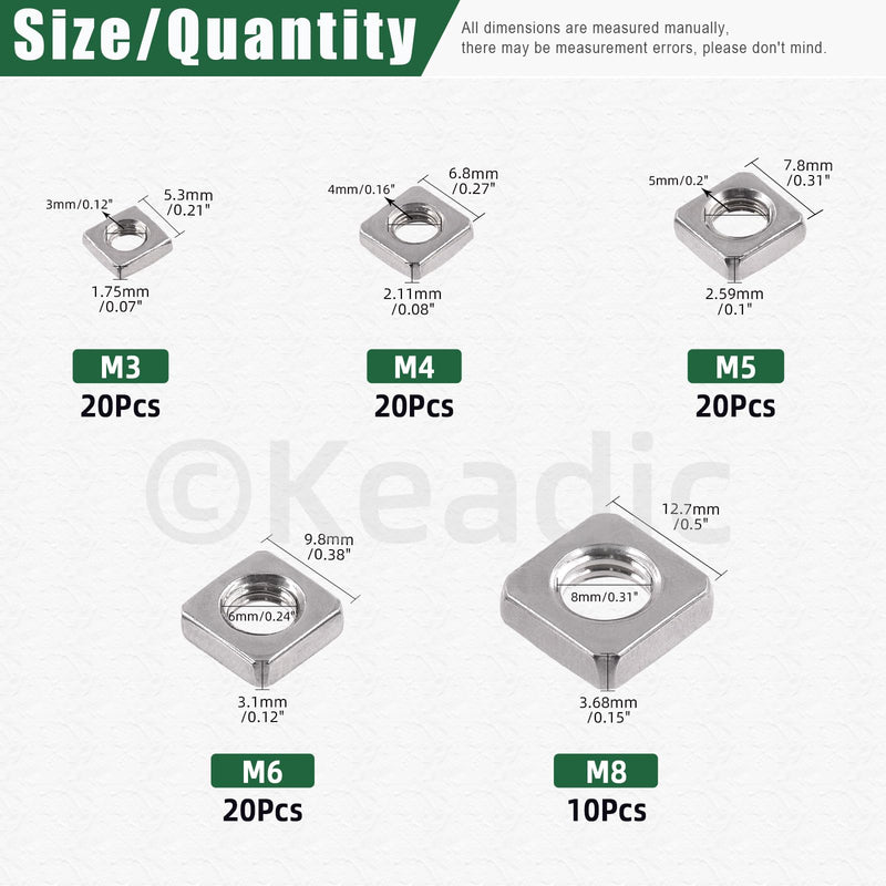 [Australia - AusPower] - Keadic 90Pcs 304 Stainless Steel Square Nuts Assortment Kit, M3x5.5mmx2mm, M4x7mmx2mm, M5x8mmx3mm, M6x10mmx3mm, M8x13mmx4mm Coarse Thread Nut for Furniture, Electrical Appliances 304 Stainless Steel (Silver) 