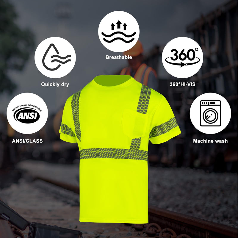 High Visibility Short Sleeve Safety T-Shirts with Reflective Strips for Men Class 3 Hi Vis Construction Work Shirts X-Large Yellow