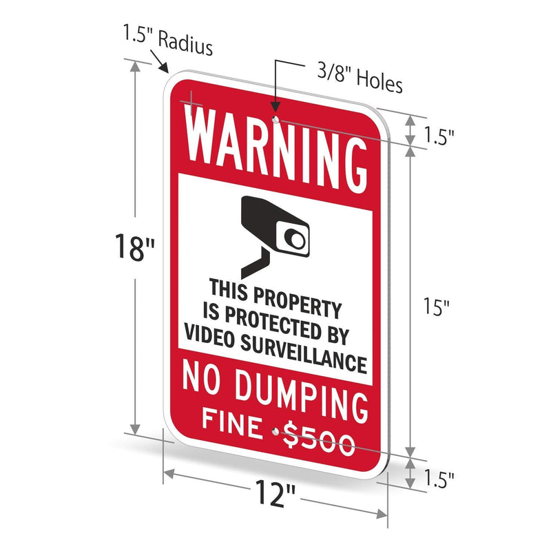 SmartSign-K-7484-HI Warning - Property Protected By Video Surveillance, No Dumping Sign By | 12" x 18" 3M High Intensity Grade Reflective Aluminum , Black/Red on White 3M Reflective Aluminum 10 Year Durability 18" x 12"