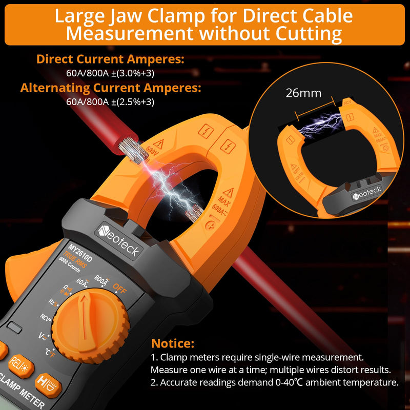[Australia - AusPower] - Neoteck Clamp Meter 6000 Counts Clamp Multimeter 800A AC/DC Current&Voltage Multimeter with TRMS Capacitance Continuity Resistance NCV Diode Frequency for Home Electrical,Automobile,Industrial,HVAC 