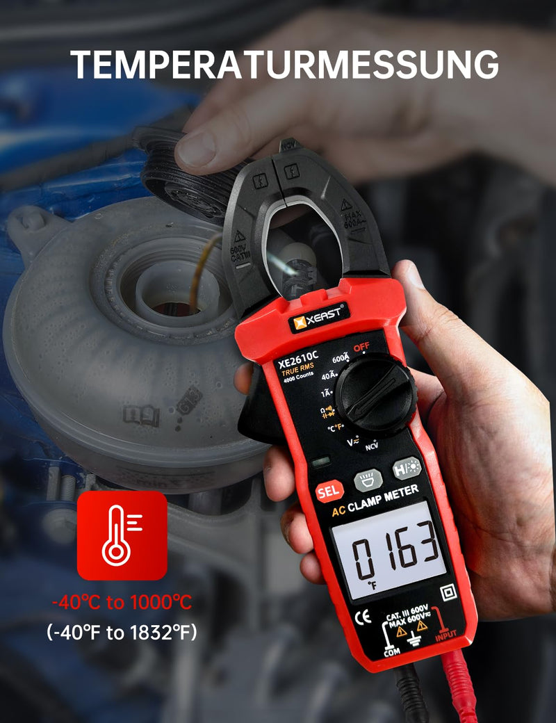Current Clamp Multimeter, True-RMS 4000 Count Auto Range Clamp Meter, Clamp Meter for Measuring AC/DC Voltage, AC Current, Temperature, Resistance, Capacitance, Continuity, Diode NCV XE2610C