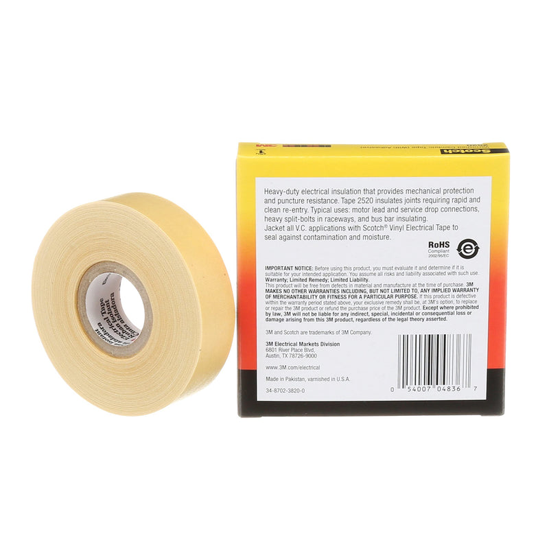 Scotch Varnished Cambric Tape 2520, Flexible, Electrically Insulating, Moisture Resistant, Smooth Finish, Yellow Color, 8 mil, 3/4 in x 60 ft, 1 Roll/Carton, 20 Rolls/Case