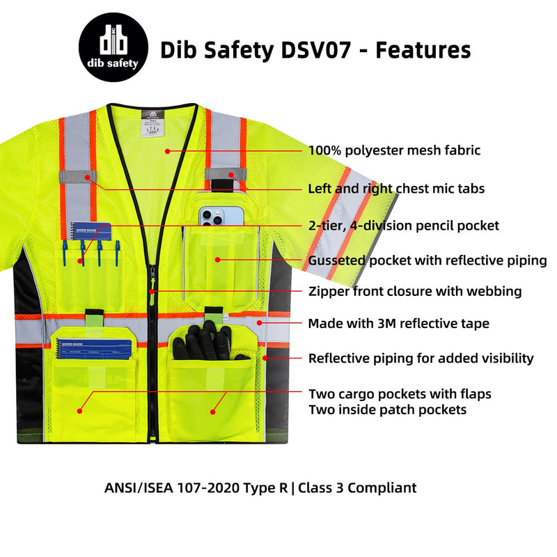 Dib Safety Reflective Mesh Vest ANSI Class 3, High Visibility with Pockets and Zipper, Made with 3M Reflective Tape, Yellow XL X-Large Yellow / Class 3