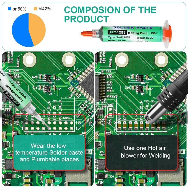 Flintronic Lead Free Solder Paste 30g Sn42 Bi58 Syringe Soldering Paste Flux | Low temperature 138°C solder flux tin paste, solder paste for BGA SMT LED SMD solder #3 Lötpaste #6 Soldering Paste 30 G, Low Temperature 138 °c
