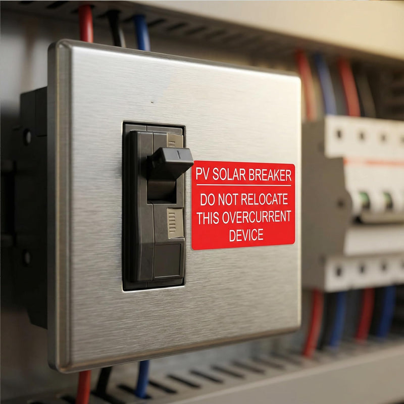 30PCS Solar Breaker Lockout Labels, Do Not Relocate Warning Stickers for PV Systems | UV Resistant & Weatherproof | Code Compliant Overcurrent Device Markers