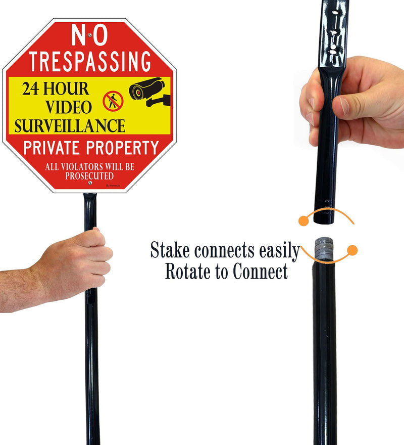 Large No Trespassing Sign Private Property with 36" Metal Stake - 12 x 12 Inches 24 Hour Video Surveillance Signs, Rust-Free& Fade Resistant Aluminum (1 Pack) 12"x12"- 1Pack with Stong stake Red