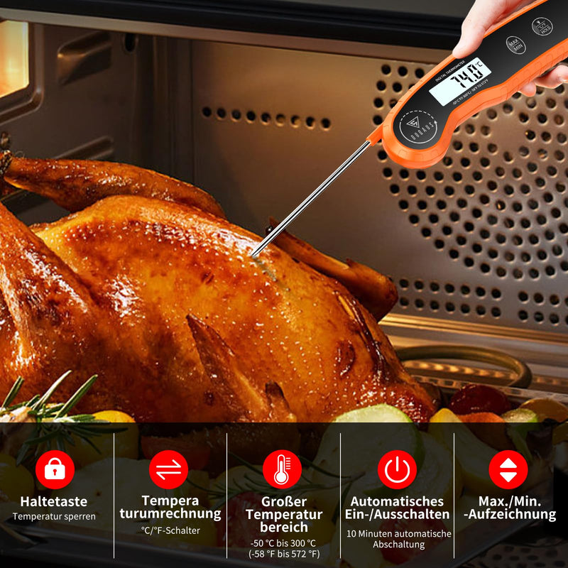[Australia - AusPower] - DOQAUS Meat Thermometer, Cooking Thermometer with 3s Reading, Accuracy ±0.5°C, Digital Thermometer, Roasting Thermometer with LCD Backlight, Laboratory Thermometer for Kitchen, BBQ, Orange 