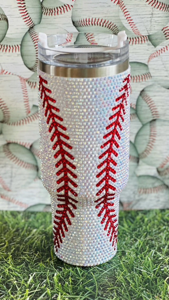 Baseball 40 Oz Rhinestone Bling Tumbler Cup with Handle and Straw
