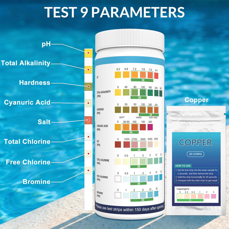 [Australia - AusPower] - 9 in 1 Pool Test Strips, 120 Total Strips, 100 8-Way Water Test Strips + 20 Copper Test Strips, Test pH, Salt, Hardness, Bromine, Alkalinity, Chlorine, Chlorine, Cyanuric Acid and Copper 9 in 1 